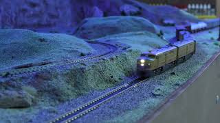 N scale 4 unit ALCO PA consist pulling freight train