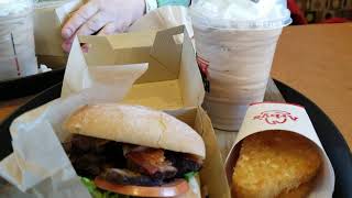 Arby's Garlic Steak Sammich, potato cakes and Jamocha shake