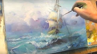 Sailboat among the waves. Oil painting.