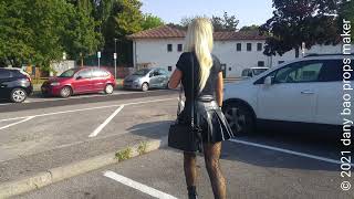 DANA LABO - my blonde wife, walk in leather mini skirt and leather boots pleaser high heels plateau