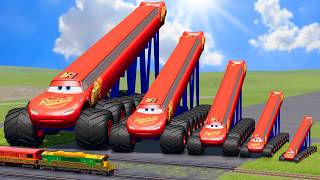 Big & Small, Long & Tall Lightning Mcqueen with Monster Truck Wheels vs Trains | BeamNG.Drive