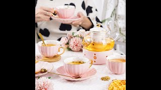 Glass Teapot Pink Bone China Tea Set 10 Pcs