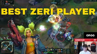 T1 Gumayusi Zeri quadrakill with CRAZY movement (Korean SoloQ)