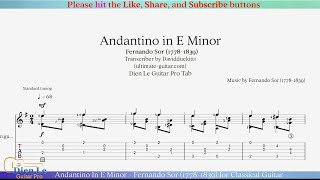 Andantino In E Minor - Fernando Sor (1778-1839) for Classical Guitar with Tab