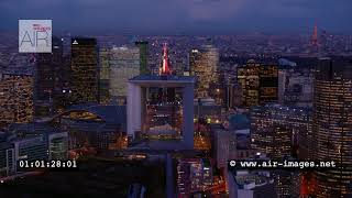 Aerial Footage by dusk Business District Paris La Défense / Triumphal Way / Paris Axe Historique