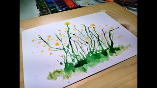 Watercolor Painting with Straws / Easy Watercolor Painting / Grass Flower Painting