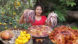 Oyster grilled on the rock, Intestines pork braised,Big octopus arm curry & salad,Fish curry Seafish