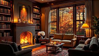 Smooth Jazz at Cozy Fall Reading Nook Ambience - Rain and Fireplace Sounds for Study, Work & Focus