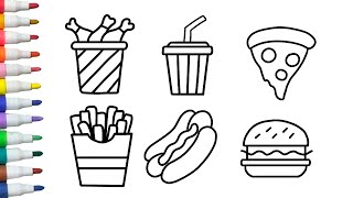 Drawing And Coloring 6 Types of Fast Food #Fries #Hamburger #Soda #Drumstick #Pizza #Hot dog 🎨💖