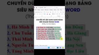 Cách Chuyển Dữ Liệu Sang Bảng Trong WORD Siêu Nhanh #Shorts