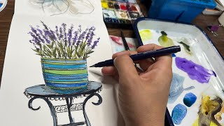 Watercolor Journale Day 132 (Ink and wash lavender in a pot)