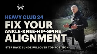 Strong core - align your ankle, knee, hip and spine - Heavy Club 24 Step Back Lunge Pullover At Top